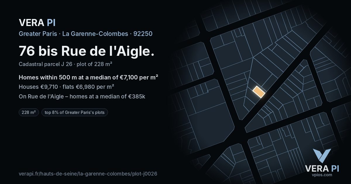 76 bis Rue de l'Aigle, La Garenne-Colombes at night – the plot lit, the parcels around coloured by the prices near them