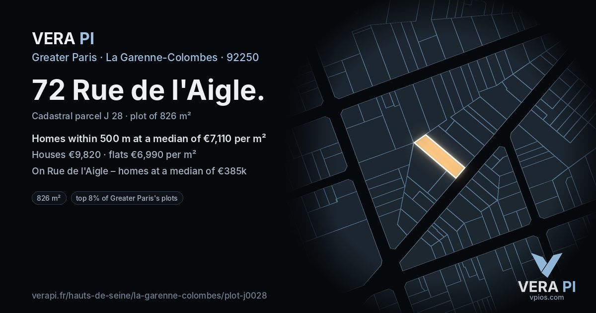72 Rue de l'Aigle, La Garenne-Colombes at night – the plot lit, the parcels around coloured by the prices near them