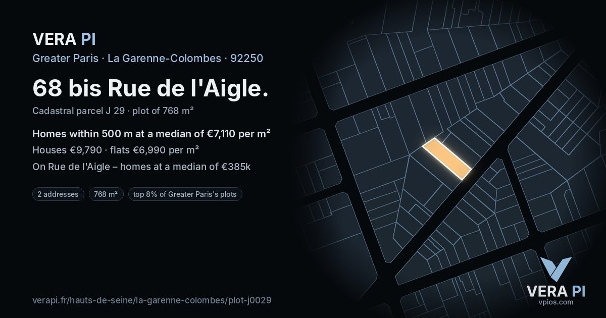 68 bis Rue de l'Aigle, La Garenne-Colombes at night – the plot lit, the parcels around coloured by the prices near them