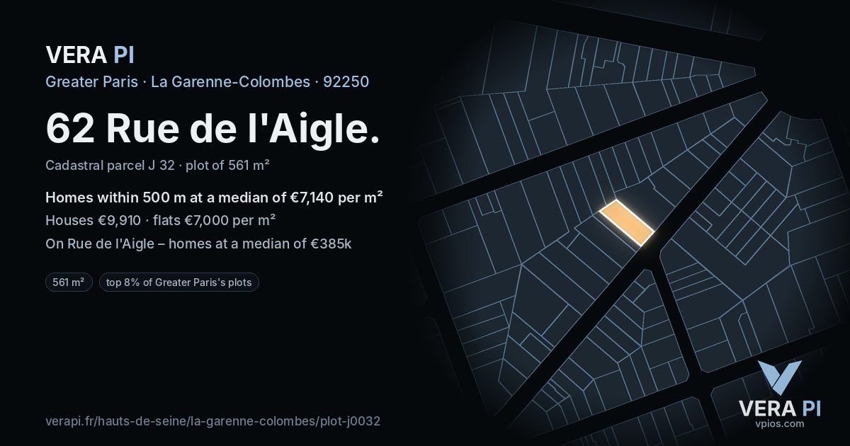 62 Rue de l'Aigle, La Garenne-Colombes at night – the plot lit, the parcels around coloured by the prices near them