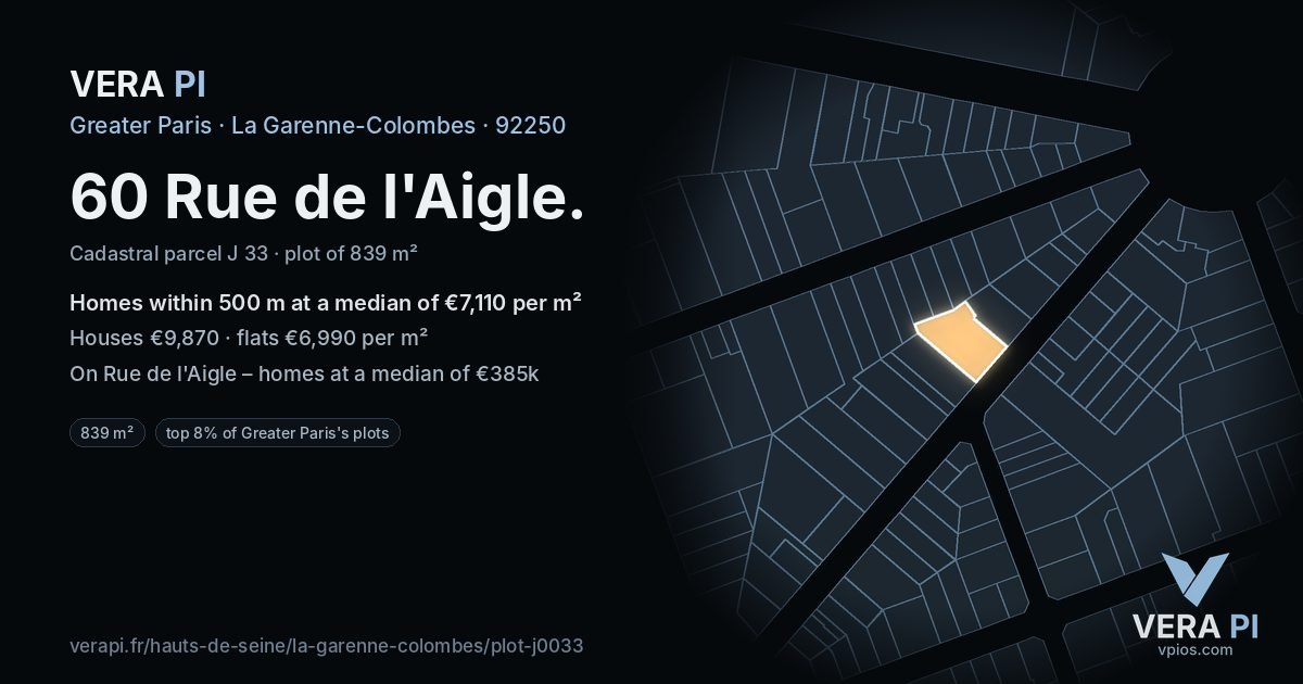 60 Rue de l'Aigle, La Garenne-Colombes at night – the plot lit, the parcels around coloured by the prices near them