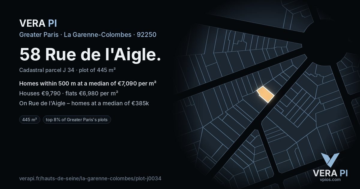 58 Rue de l'Aigle, La Garenne-Colombes at night – the plot lit, the parcels around coloured by the prices near them