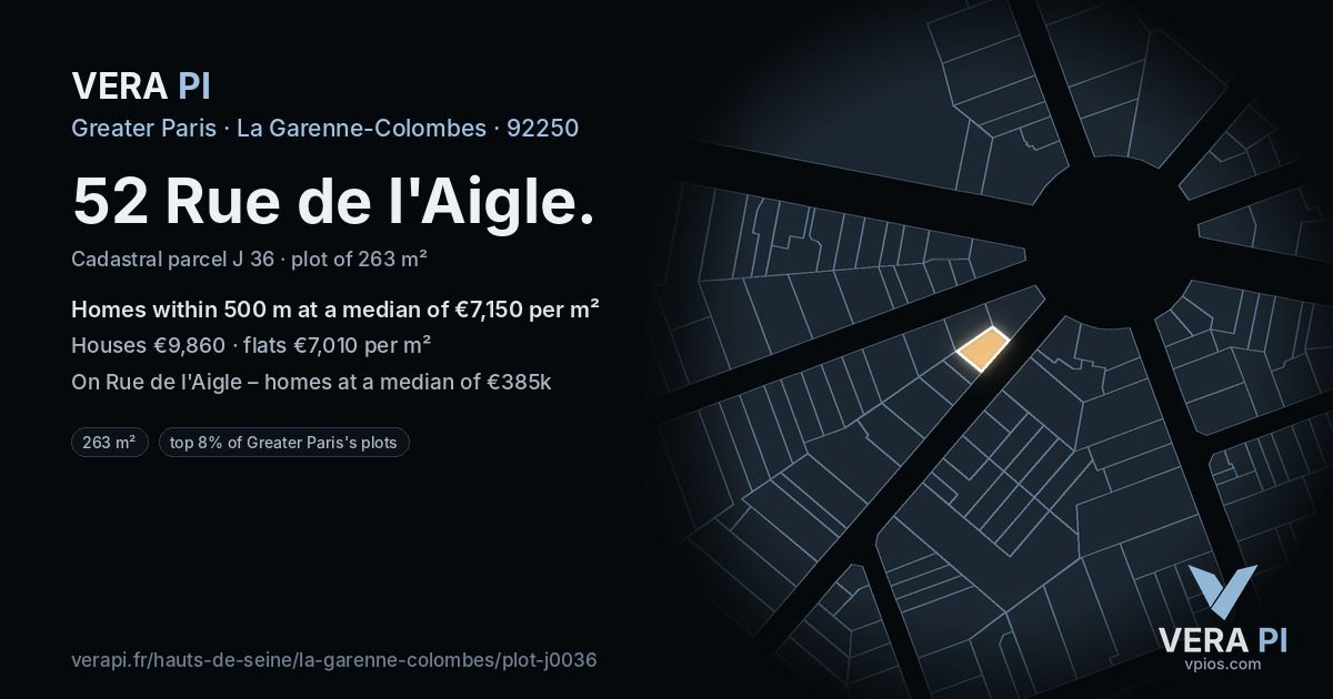 52 Rue de l'Aigle, La Garenne-Colombes at night – the plot lit, the parcels around coloured by the prices near them