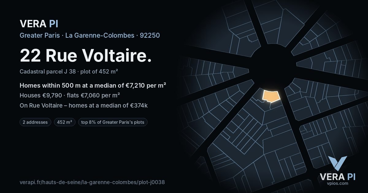 22 Rue Voltaire, La Garenne-Colombes at night – the plot lit, the parcels around coloured by the prices near them