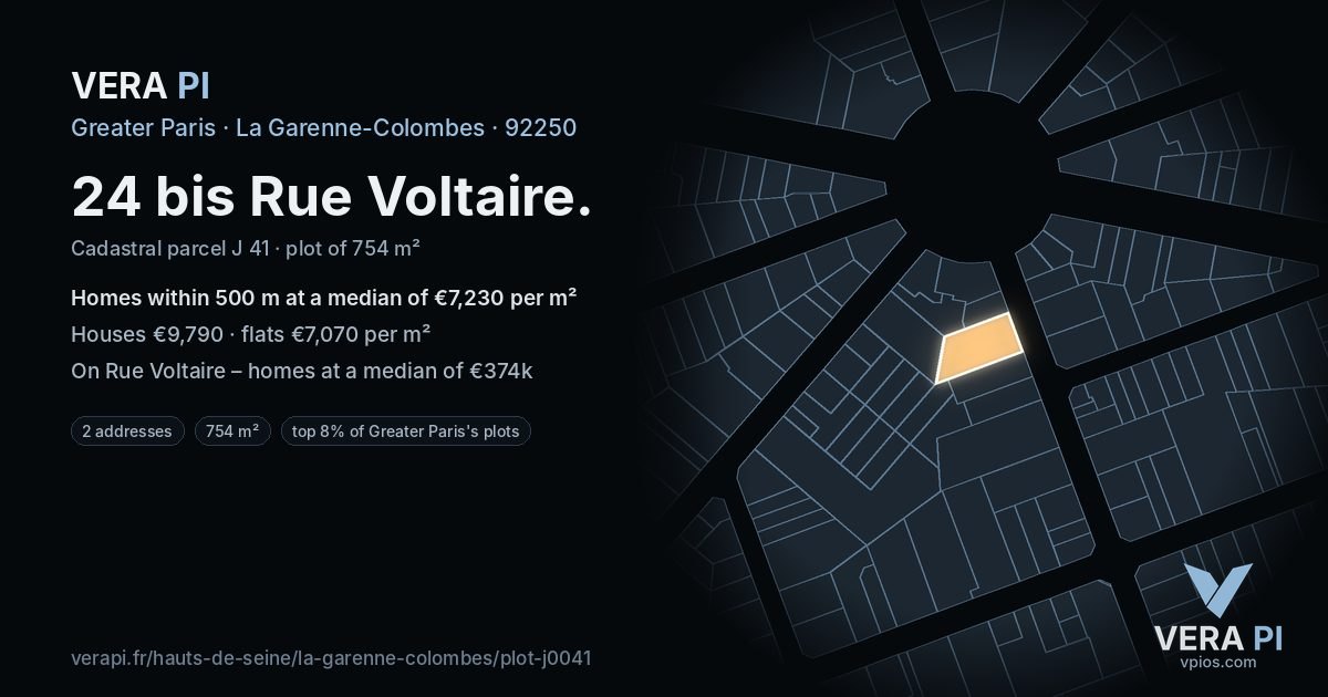 24 bis Rue Voltaire, La Garenne-Colombes at night – the plot lit, the parcels around coloured by the prices near them