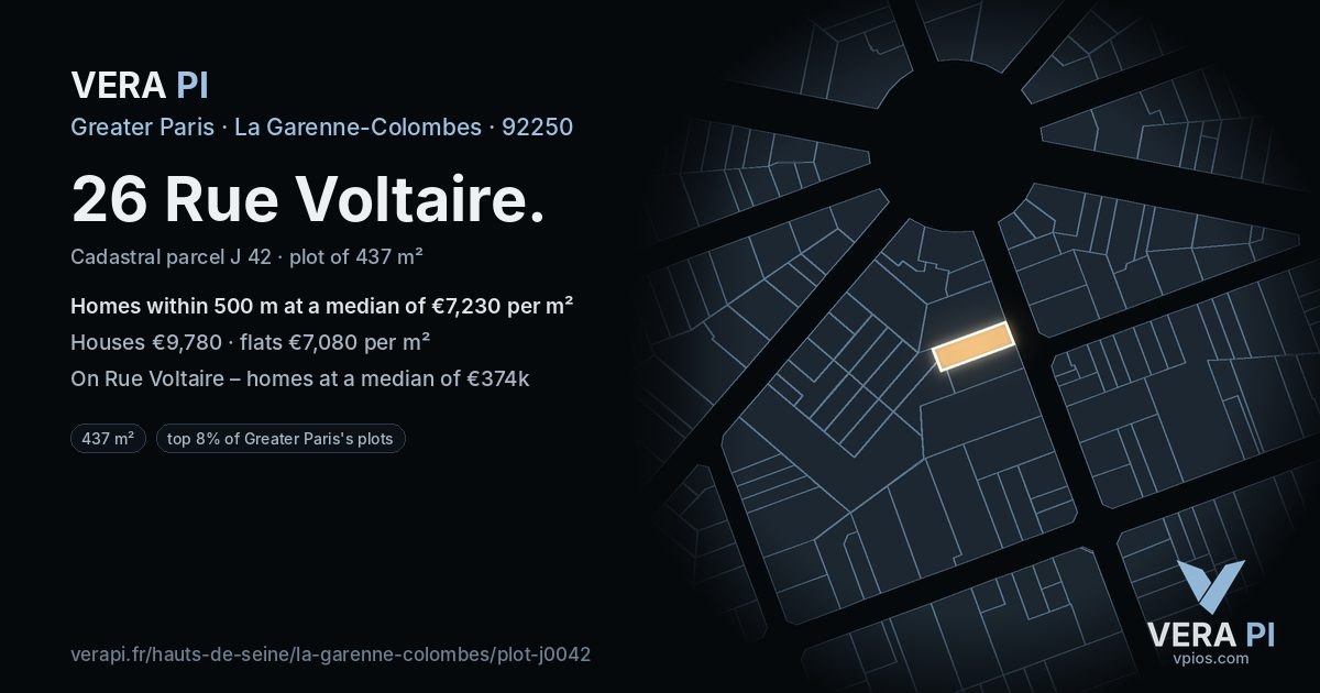 26 Rue Voltaire, La Garenne-Colombes at night – the plot lit, the parcels around coloured by the prices near them