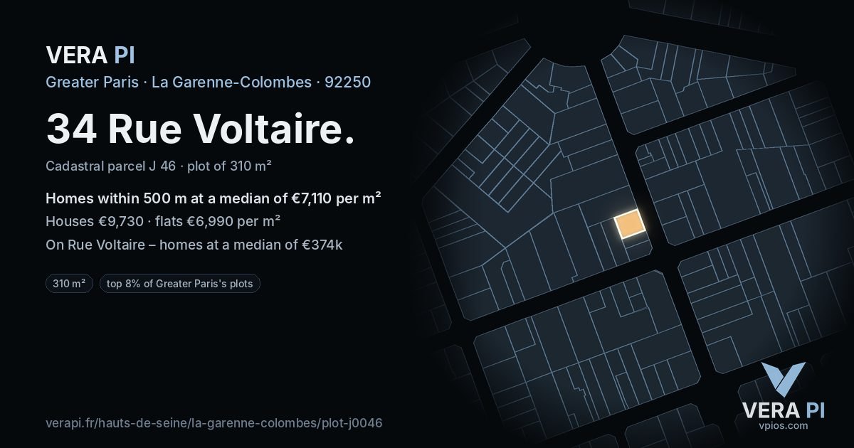 34 Rue Voltaire, La Garenne-Colombes at night – the plot lit, the parcels around coloured by the prices near them