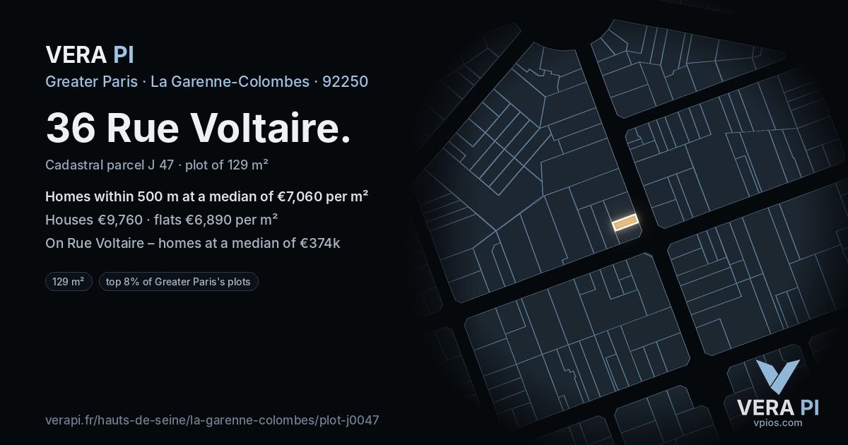 36 Rue Voltaire, La Garenne-Colombes at night – the plot lit, the parcels around coloured by the prices near them