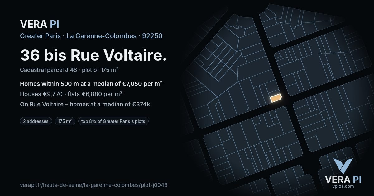 36 bis Rue Voltaire, La Garenne-Colombes at night – the plot lit, the parcels around coloured by the prices near them