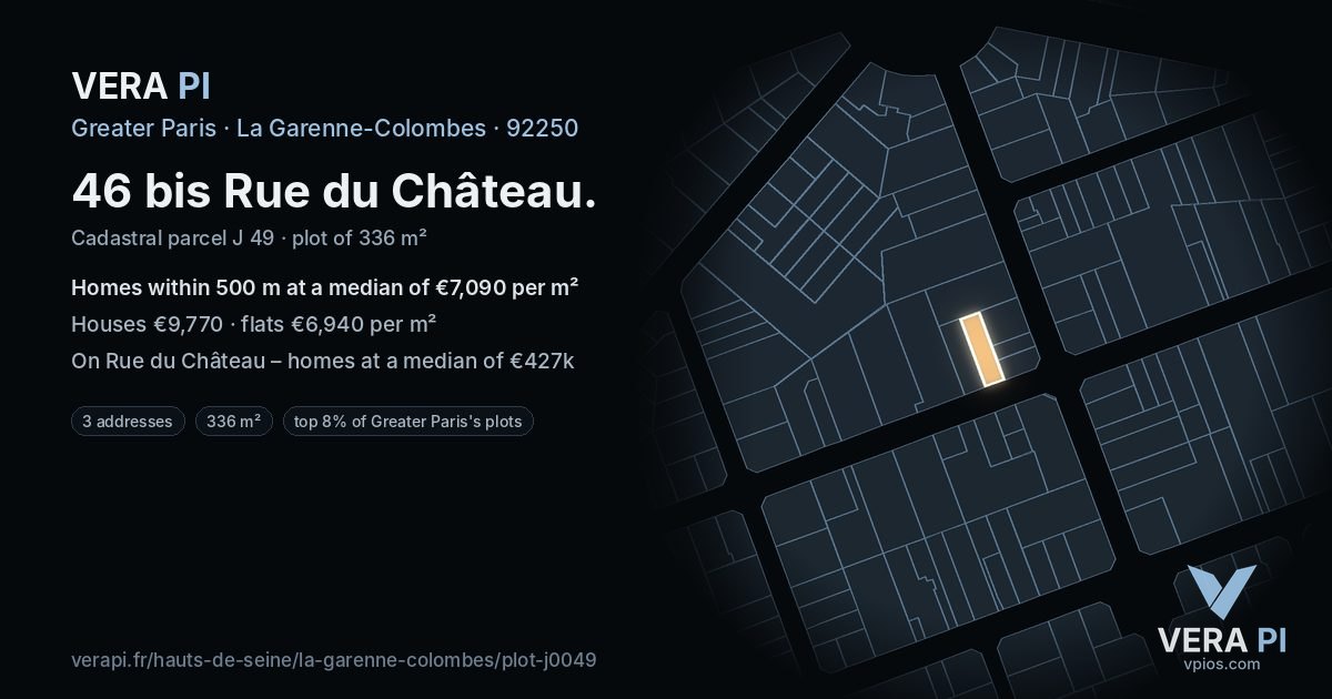 46 bis Rue du Château, La Garenne-Colombes at night – the plot lit, the parcels around coloured by the prices near them