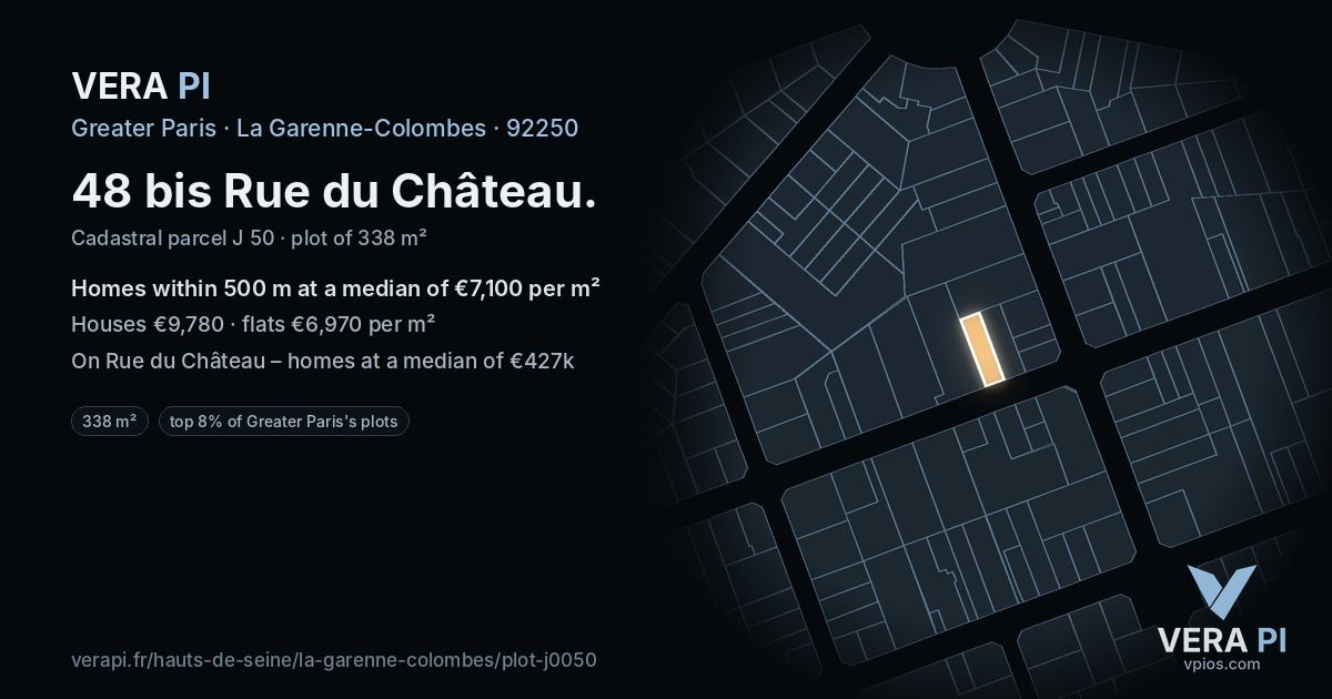 48 bis Rue du Château, La Garenne-Colombes at night – the plot lit, the parcels around coloured by the prices near them