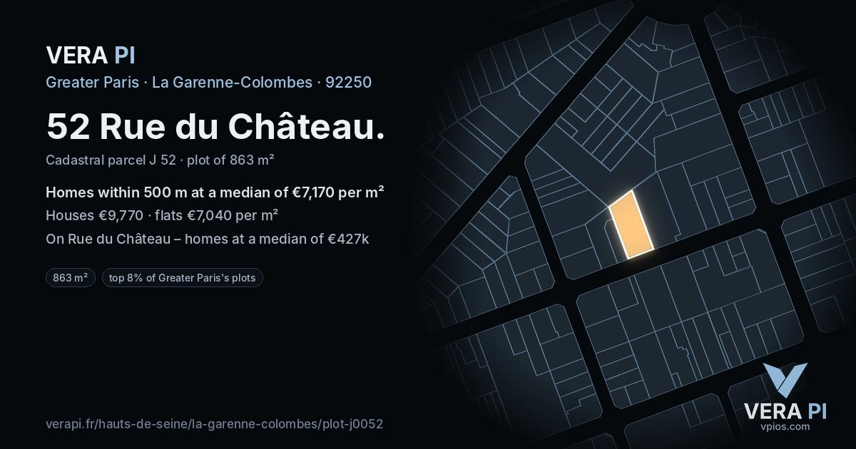 52 Rue du Château, La Garenne-Colombes at night – the plot lit, the parcels around coloured by the prices near them