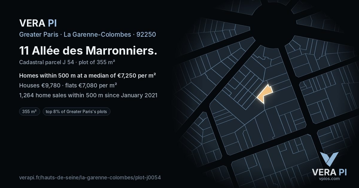 11 Allée des Marronniers, La Garenne-Colombes at night – the plot lit, the parcels around coloured by the prices near them
