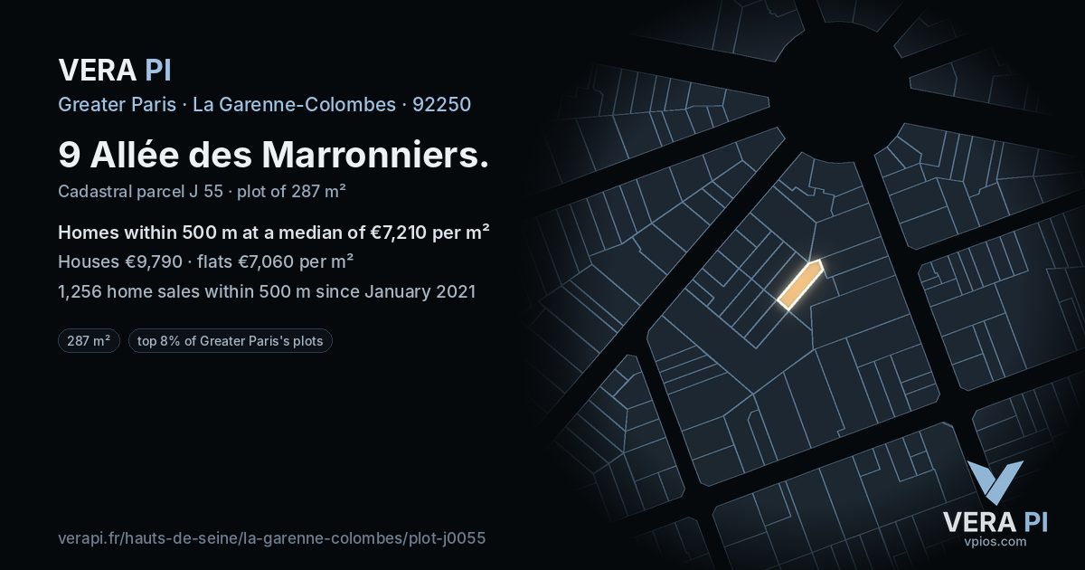 9 Allée des Marronniers, La Garenne-Colombes at night – the plot lit, the parcels around coloured by the prices near them
