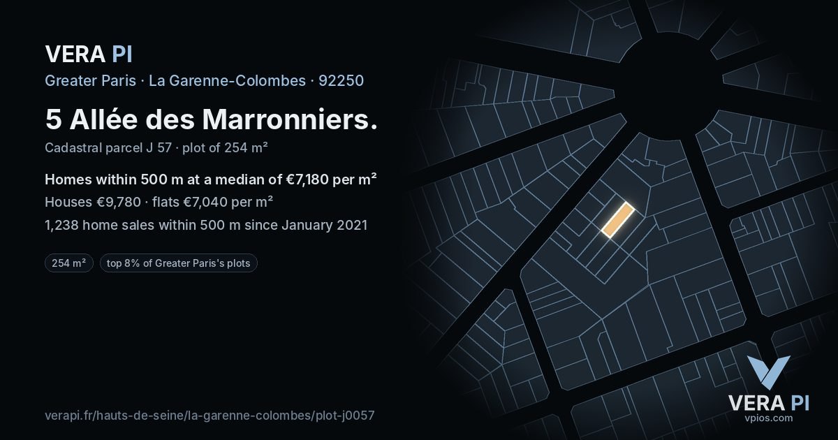5 Allée des Marronniers, La Garenne-Colombes at night – the plot lit, the parcels around coloured by the prices near them