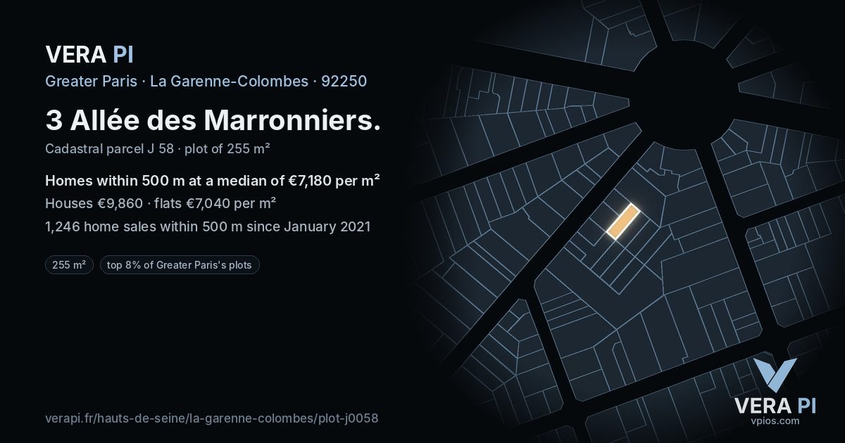 3 Allée des Marronniers, La Garenne-Colombes at night – the plot lit, the parcels around coloured by the prices near them