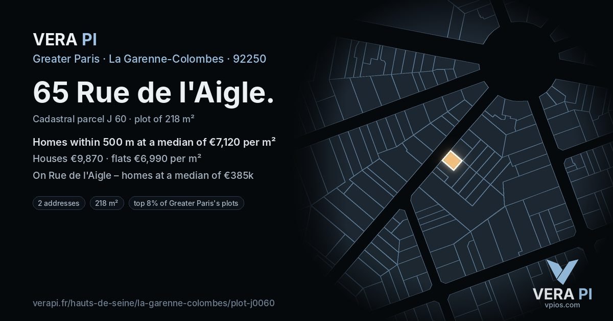 65 Rue de l'Aigle, La Garenne-Colombes at night – the plot lit, the parcels around coloured by the prices near them