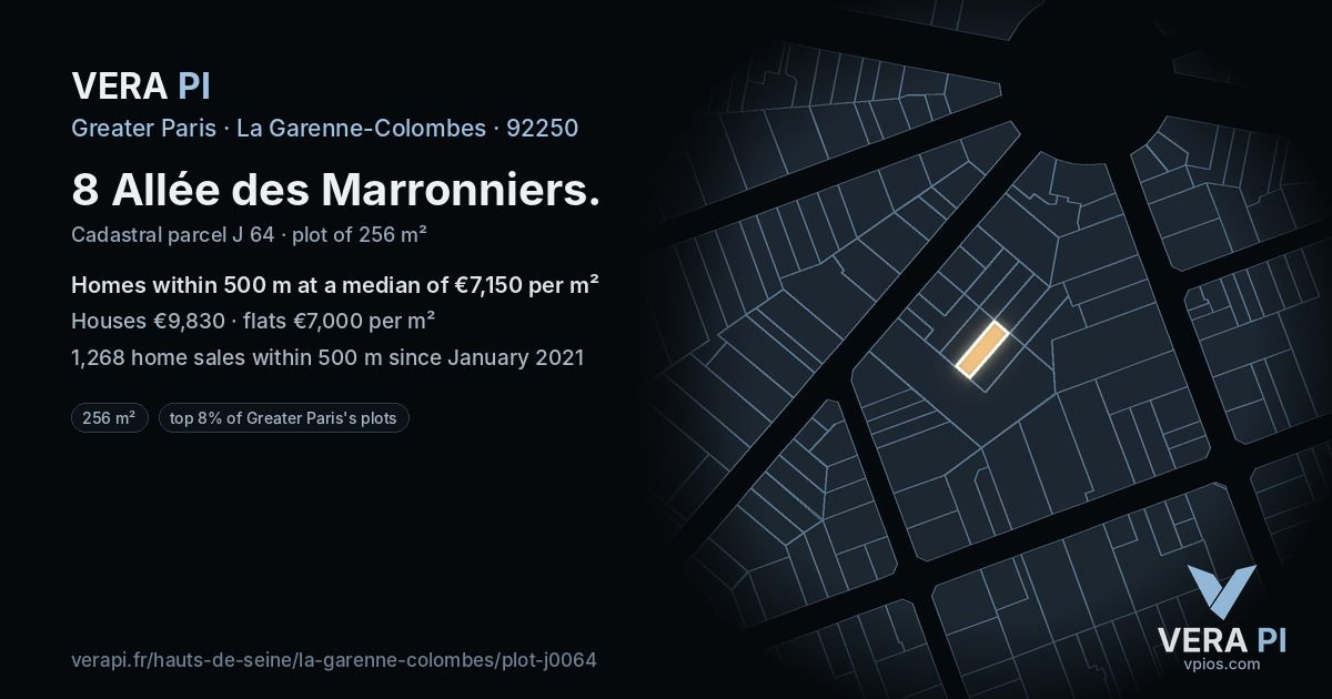 8 Allée des Marronniers, La Garenne-Colombes at night – the plot lit, the parcels around coloured by the prices near them