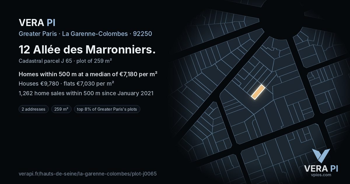12 Allée des Marronniers, La Garenne-Colombes at night – the plot lit, the parcels around coloured by the prices near them