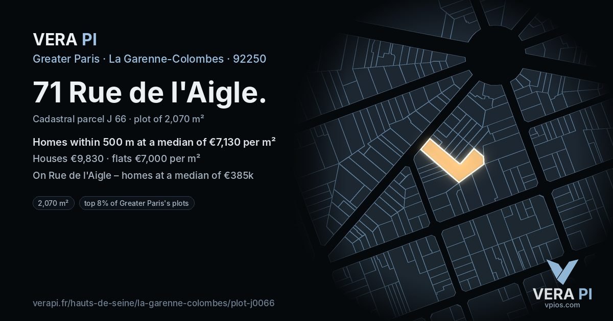 71 Rue de l'Aigle, La Garenne-Colombes at night – the plot lit, the parcels around coloured by the prices near them