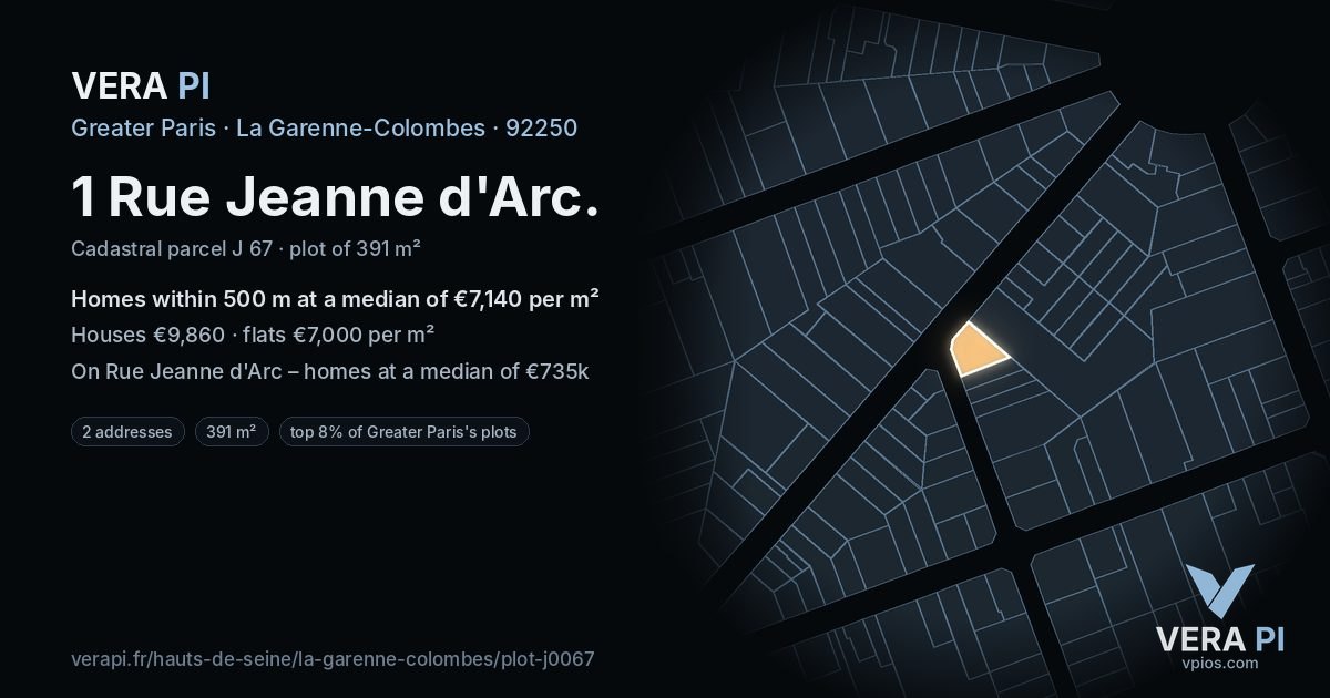 1 Rue Jeanne d'Arc, La Garenne-Colombes at night – the plot lit, the parcels around coloured by the prices near them
