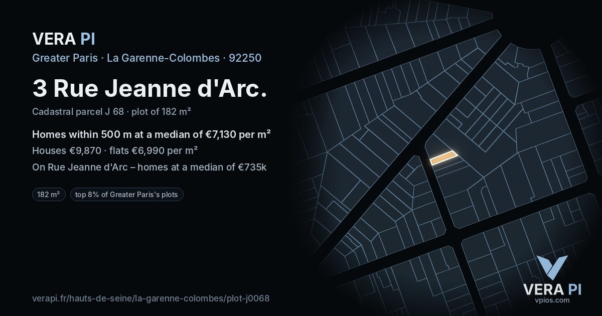 3 Rue Jeanne d'Arc, La Garenne-Colombes at night – the plot lit, the parcels around coloured by the prices near them