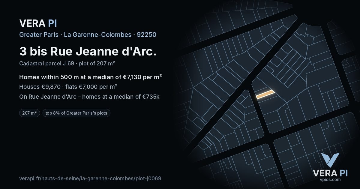 3 bis Rue Jeanne d'Arc, La Garenne-Colombes at night – the plot lit, the parcels around coloured by the prices near them