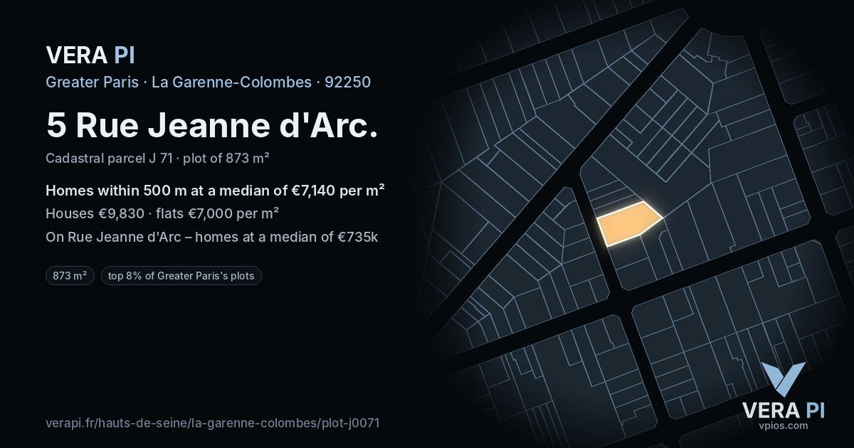 5 Rue Jeanne d'Arc, La Garenne-Colombes at night – the plot lit, the parcels around coloured by the prices near them