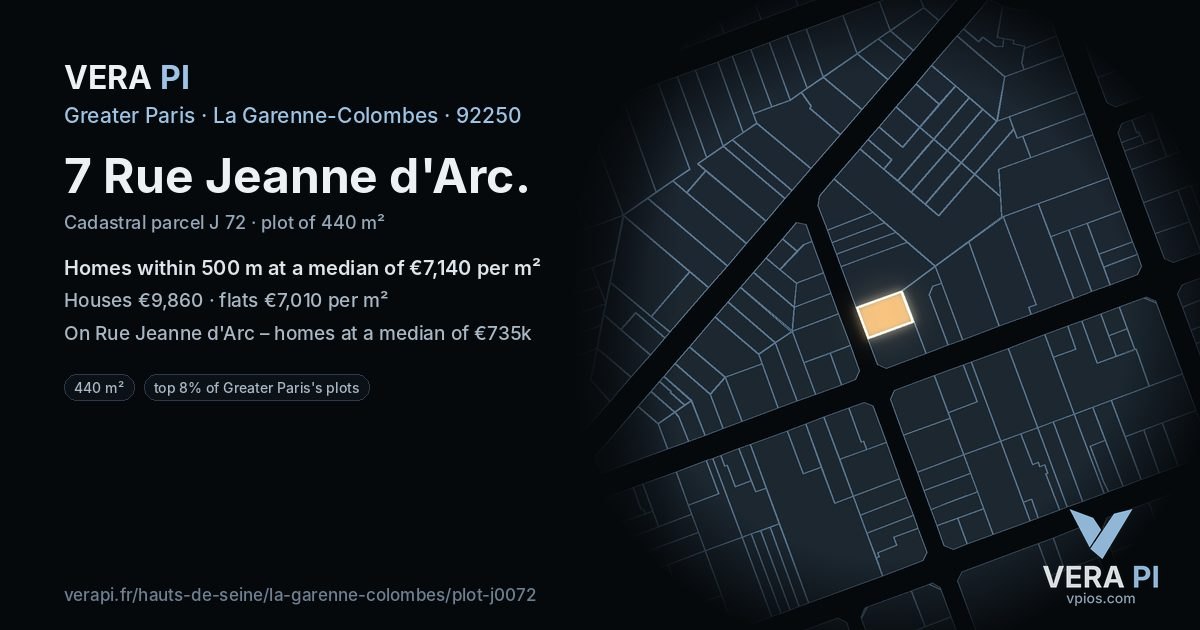 7 Rue Jeanne d'Arc, La Garenne-Colombes at night – the plot lit, the parcels around coloured by the prices near them