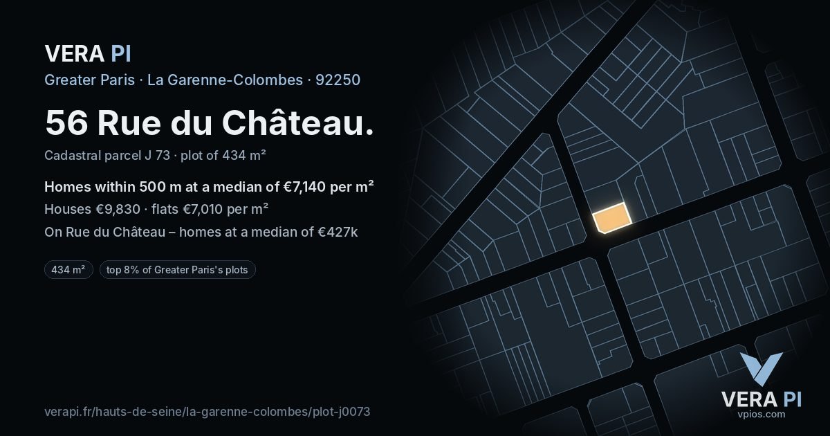56 Rue du Château, La Garenne-Colombes at night – the plot lit, the parcels around coloured by the prices near them
