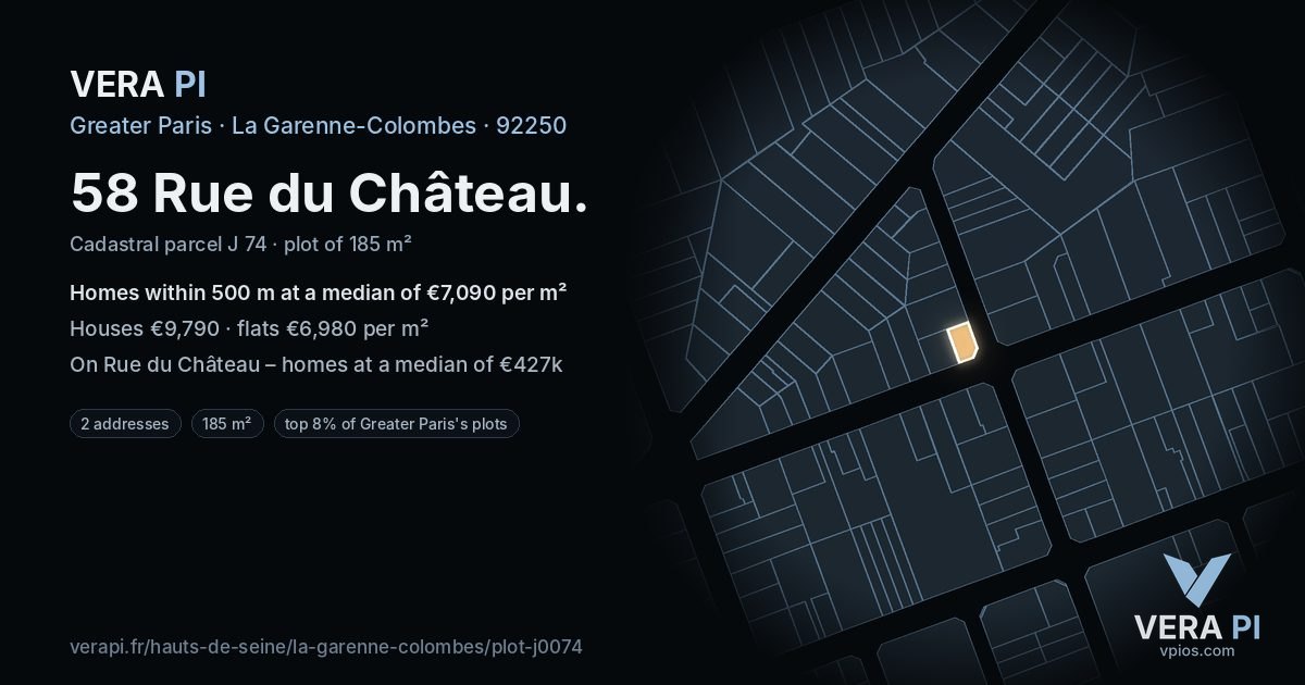 58 Rue du Château, La Garenne-Colombes at night – the plot lit, the parcels around coloured by the prices near them