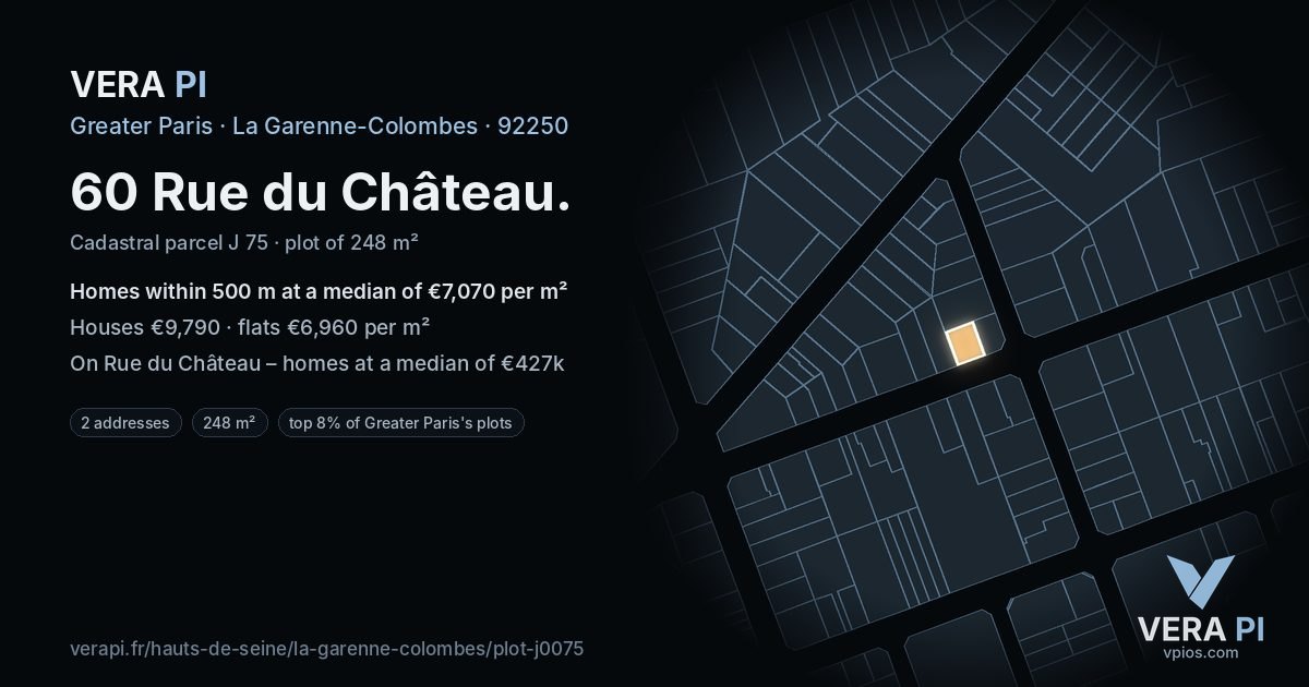 60 Rue du Château, La Garenne-Colombes at night – the plot lit, the parcels around coloured by the prices near them