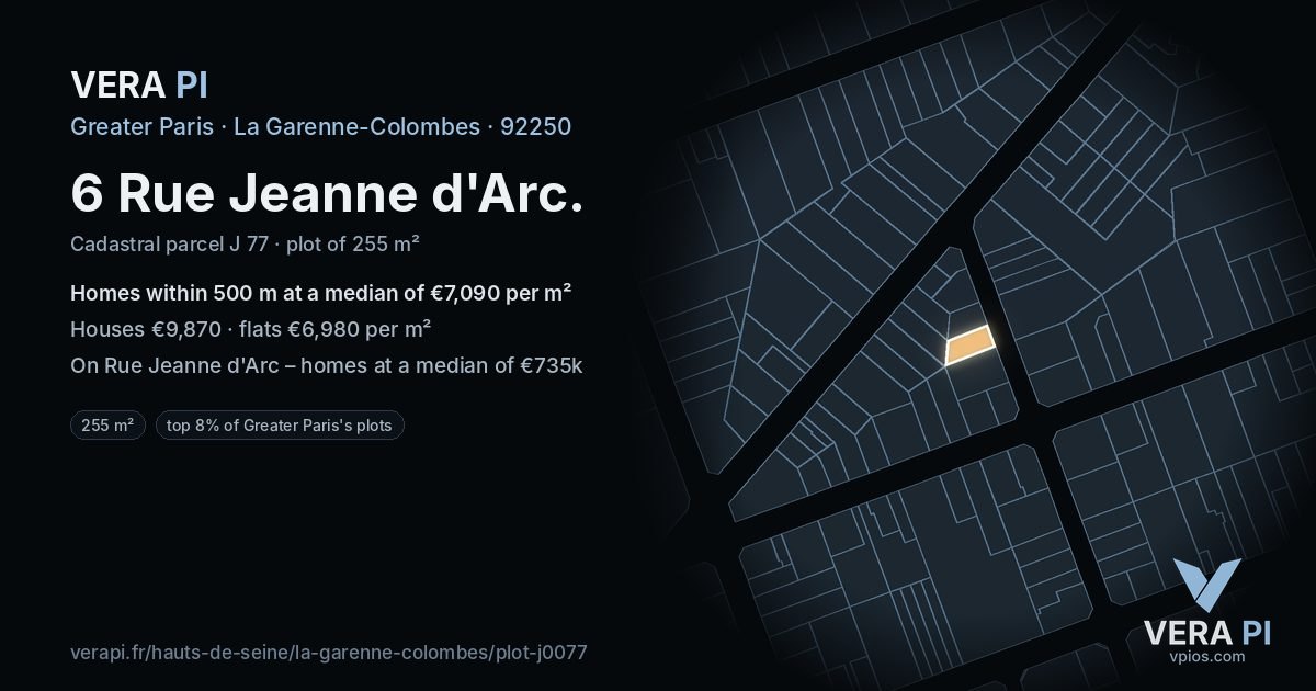 6 Rue Jeanne d'Arc, La Garenne-Colombes at night – the plot lit, the parcels around coloured by the prices near them