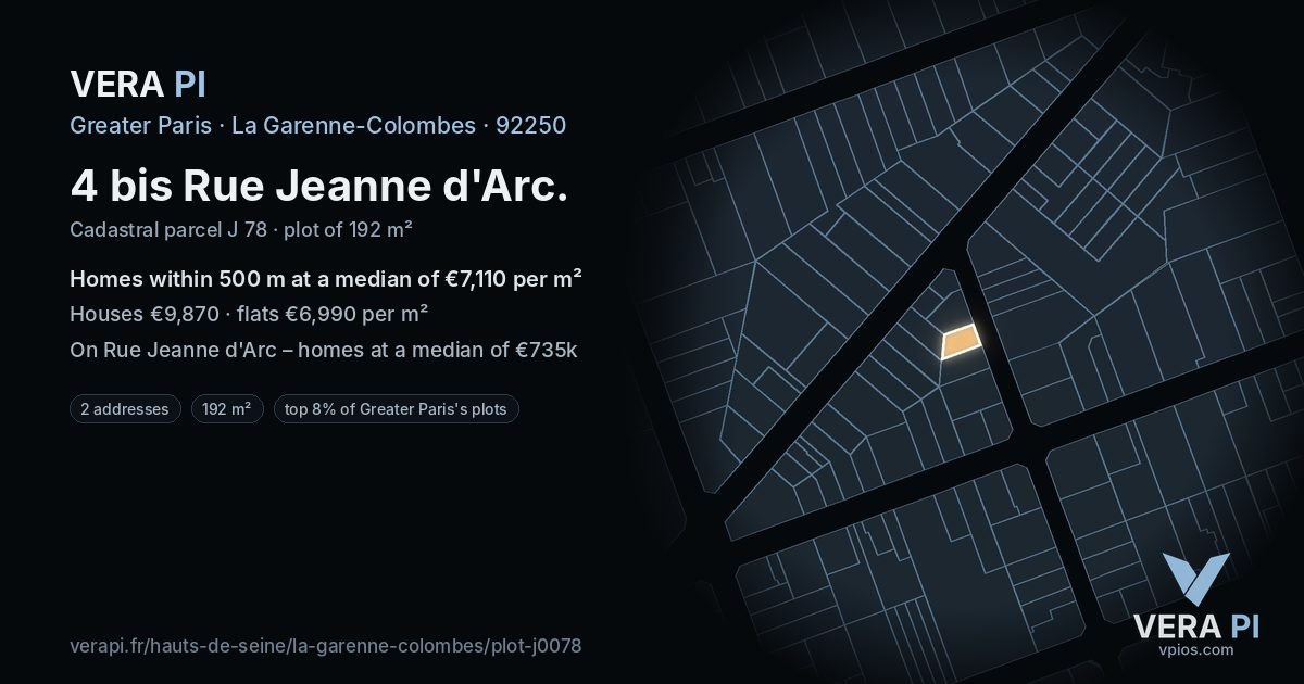 4 bis Rue Jeanne d'Arc, La Garenne-Colombes at night – the plot lit, the parcels around coloured by the prices near them