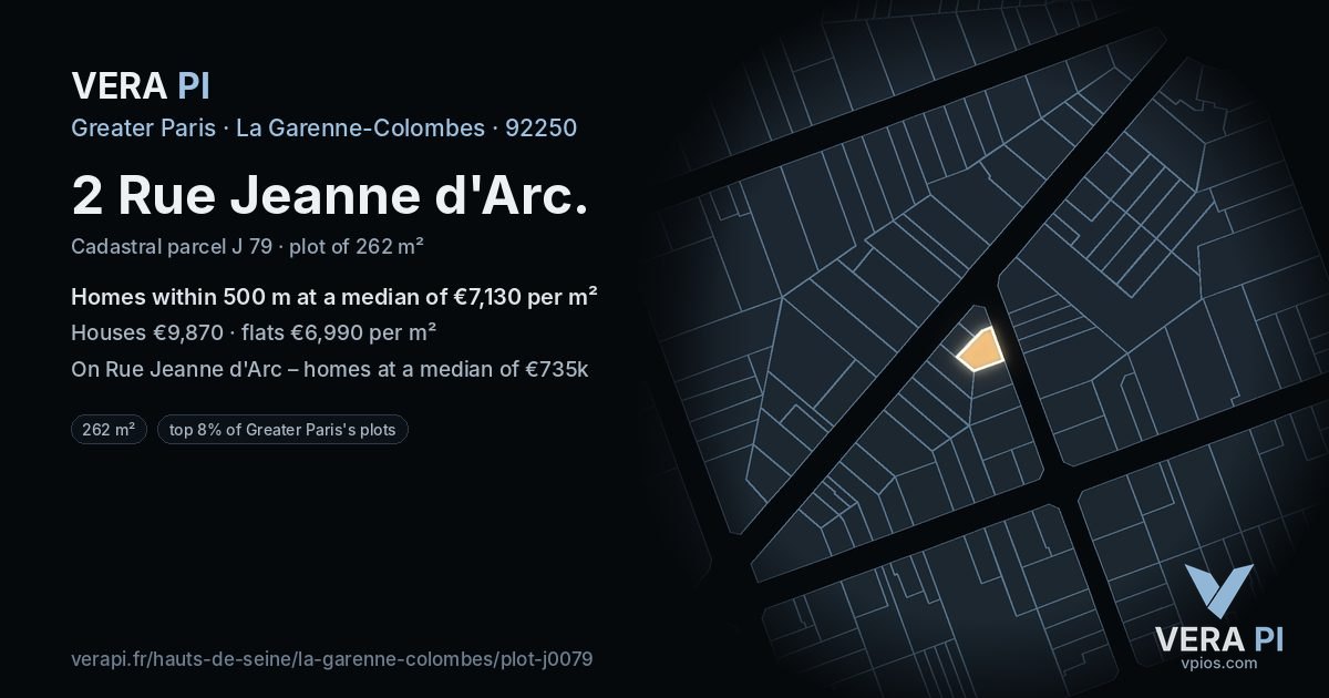 2 Rue Jeanne d'Arc, La Garenne-Colombes at night – the plot lit, the parcels around coloured by the prices near them