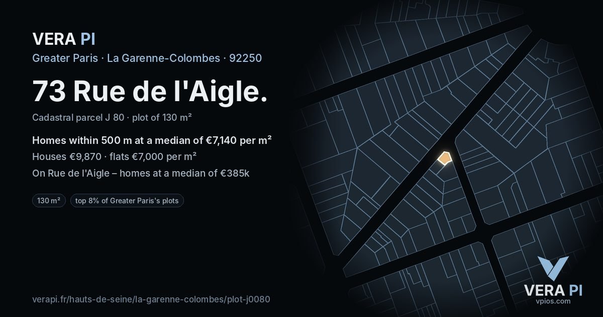 73 Rue de l'Aigle, La Garenne-Colombes at night – the plot lit, the parcels around coloured by the prices near them