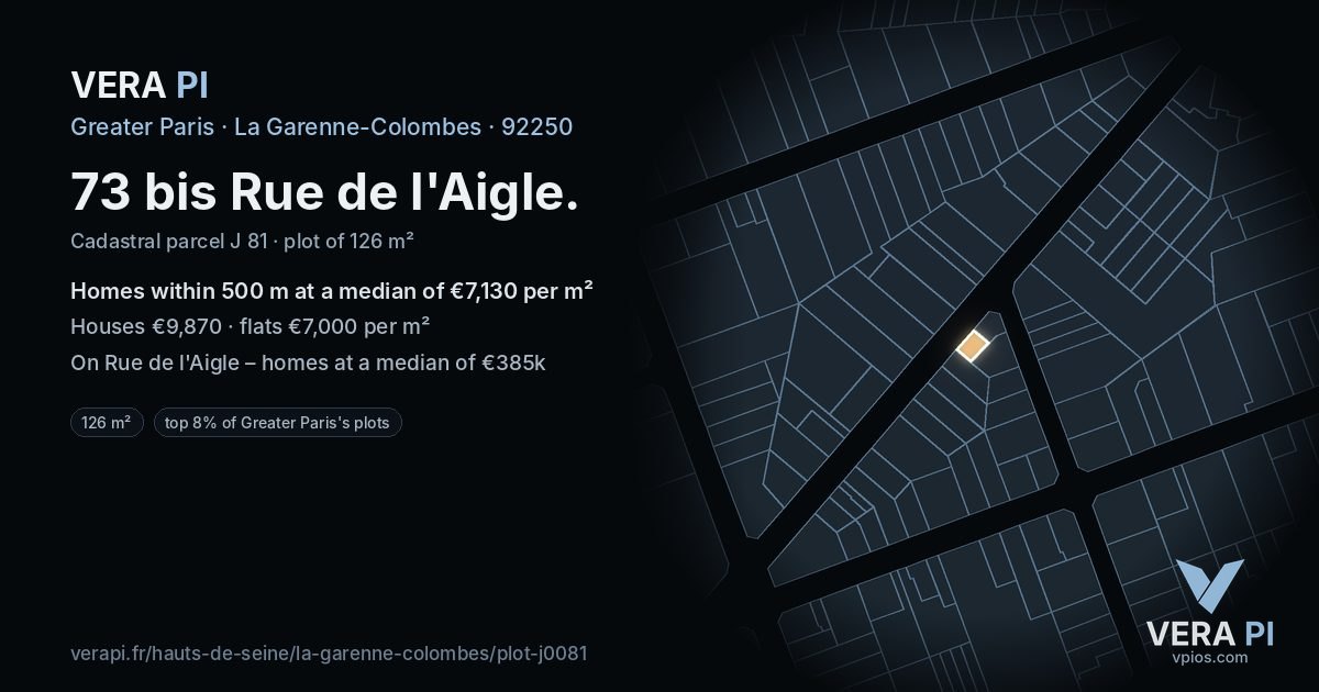 73 bis Rue de l'Aigle, La Garenne-Colombes at night – the plot lit, the parcels around coloured by the prices near them