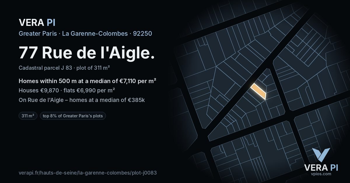 77 Rue de l'Aigle, La Garenne-Colombes at night – the plot lit, the parcels around coloured by the prices near them