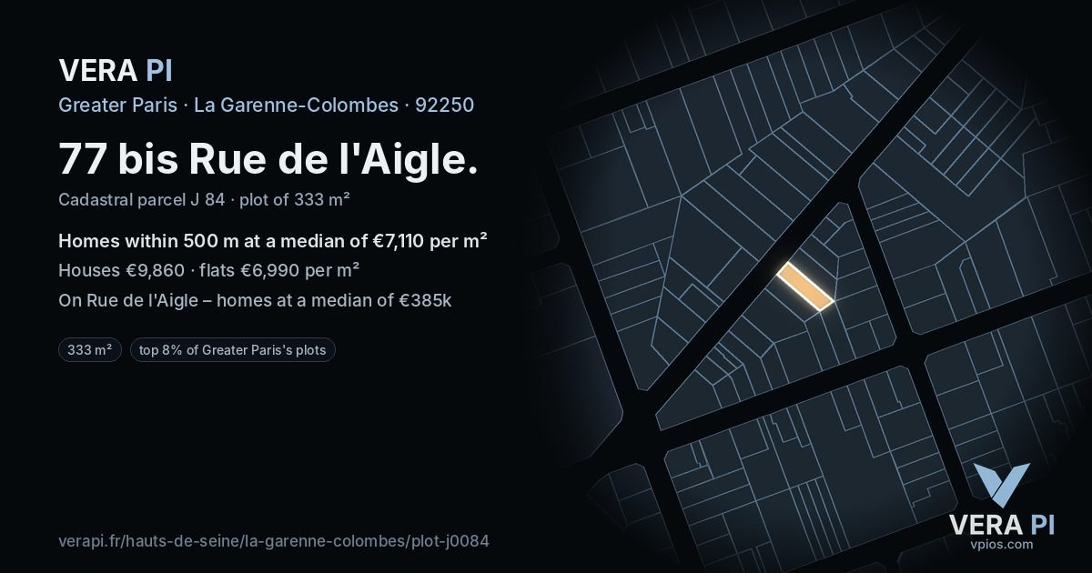 77 bis Rue de l'Aigle, La Garenne-Colombes at night – the plot lit, the parcels around coloured by the prices near them