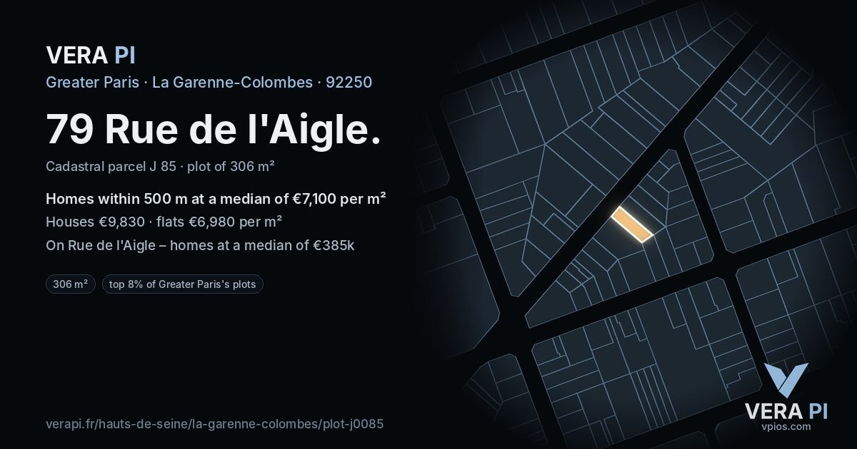 79 Rue de l'Aigle, La Garenne-Colombes at night – the plot lit, the parcels around coloured by the prices near them