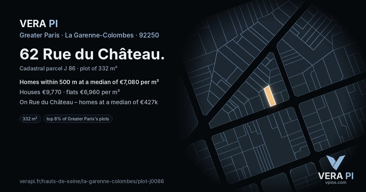 62 Rue du Château, La Garenne-Colombes at night – the plot lit, the parcels around coloured by the prices near them