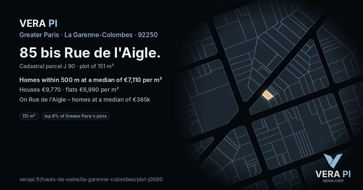 85 bis Rue de l'Aigle, La Garenne-Colombes at night – the plot lit, the parcels around coloured by the prices near them