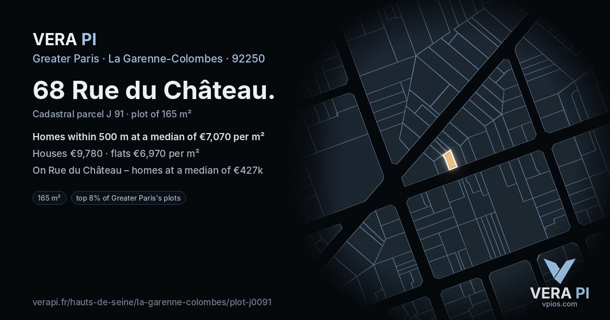 68 Rue du Château, La Garenne-Colombes at night – the plot lit, the parcels around coloured by the prices near them