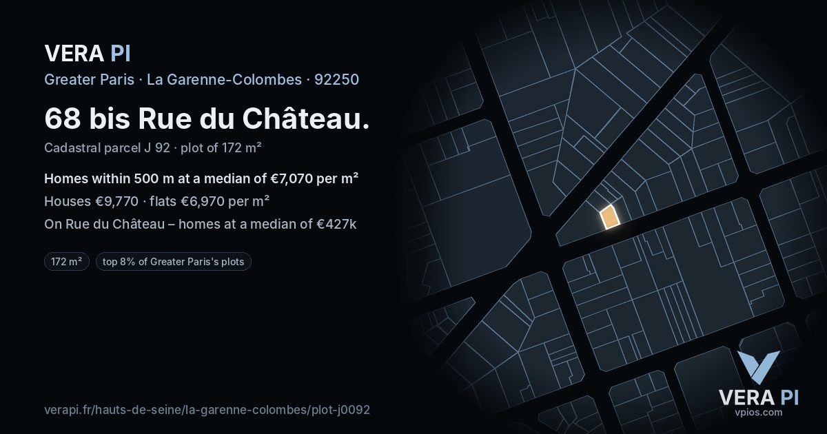 68 bis Rue du Château, La Garenne-Colombes at night – the plot lit, the parcels around coloured by the prices near them