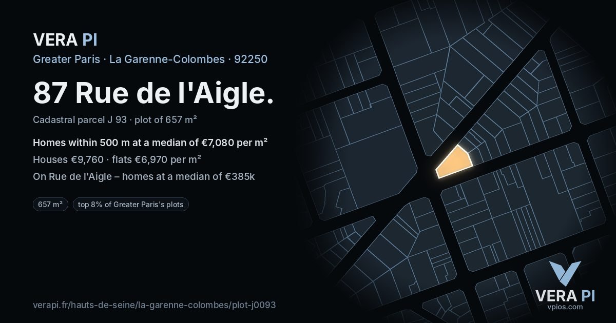 87 Rue de l'Aigle, La Garenne-Colombes at night – the plot lit, the parcels around coloured by the prices near them