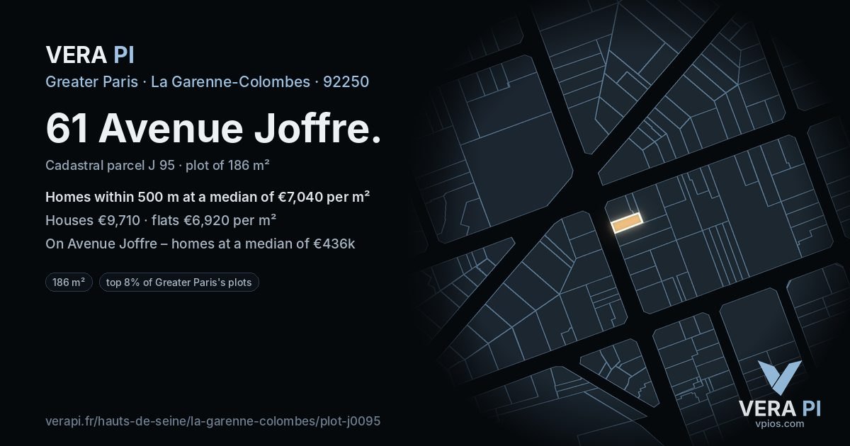 61 Avenue Joffre, La Garenne-Colombes at night – the plot lit, the parcels around coloured by the prices near them