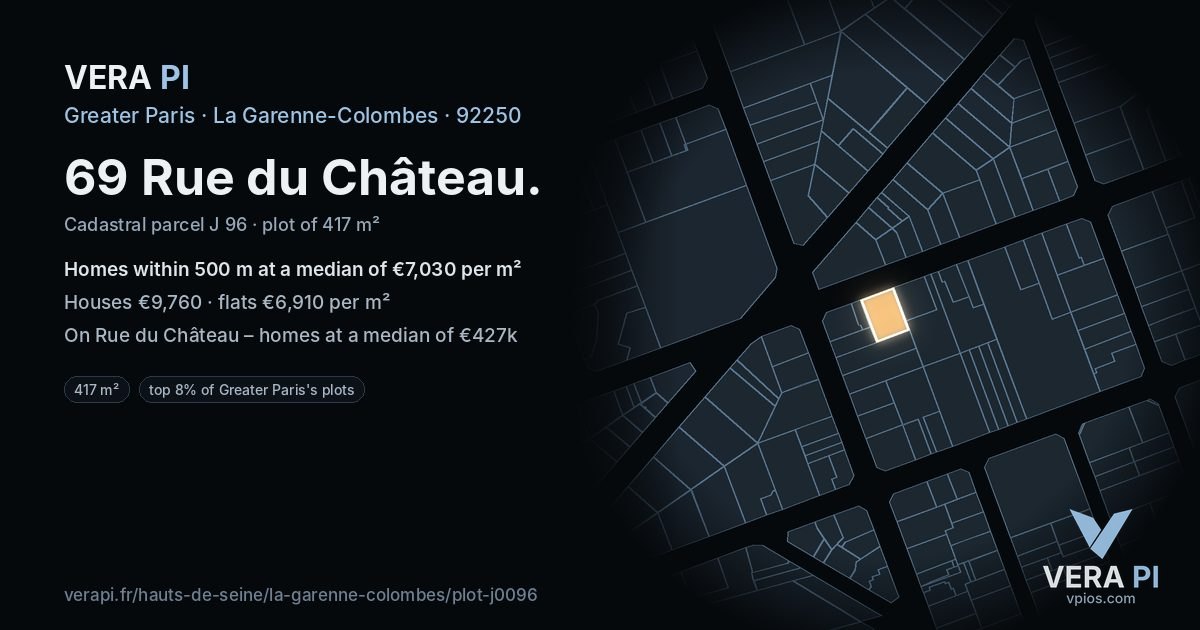 69 Rue du Château, La Garenne-Colombes at night – the plot lit, the parcels around coloured by the prices near them