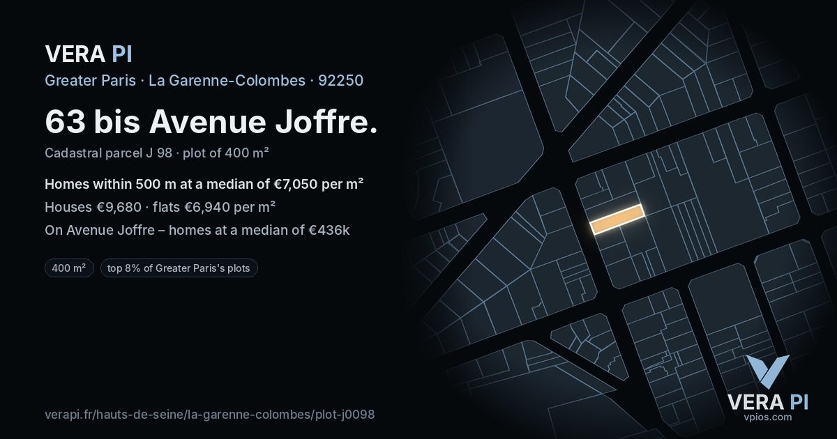 63 bis Avenue Joffre, La Garenne-Colombes at night – the plot lit, the parcels around coloured by the prices near them