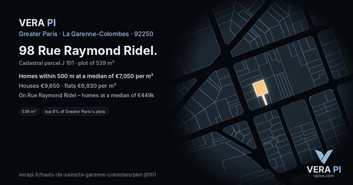 98 Rue Raymond Ridel, La Garenne-Colombes at night – the plot lit, the parcels around coloured by the prices near them
