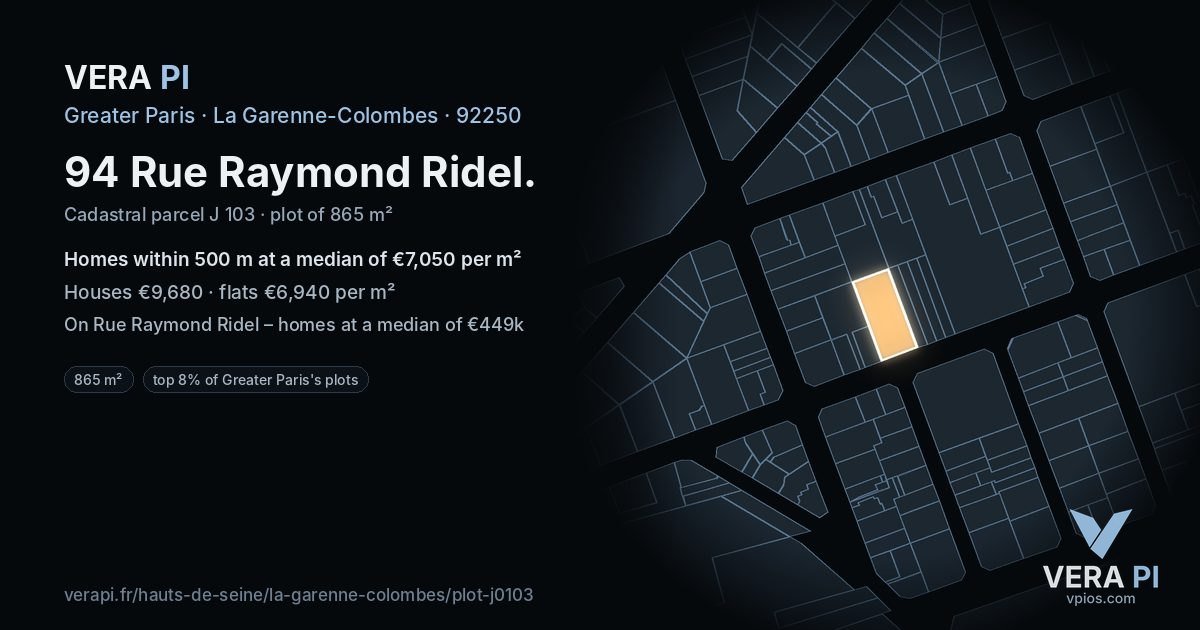 94 Rue Raymond Ridel, La Garenne-Colombes at night – the plot lit, the parcels around coloured by the prices near them